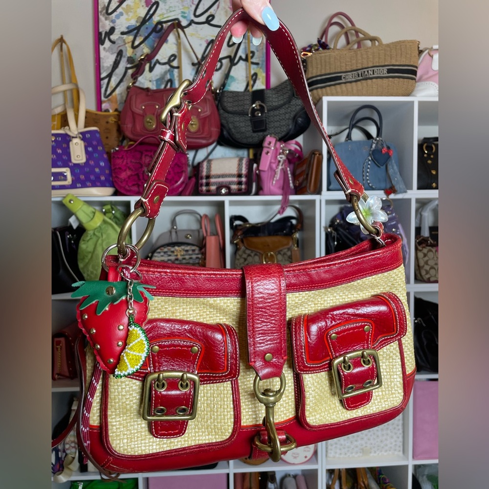 Coach Y2K Legacy Buckle Straw Shoulder Bag with Red Patent Leather Trim